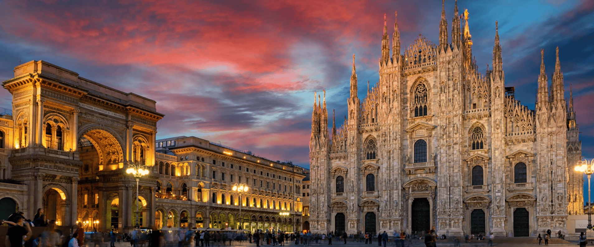 Milan Cathedral and Galleria Vittorio Emanuele II at sunset