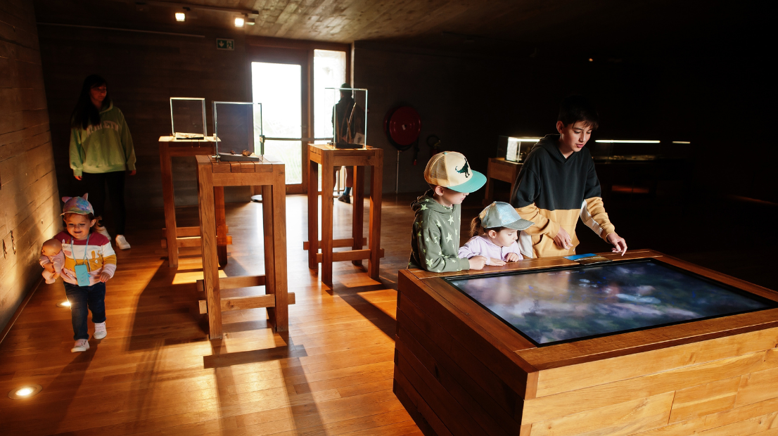 Gruppo di giovani e giovanissimi interagisce con schermo touchscreen in un museo