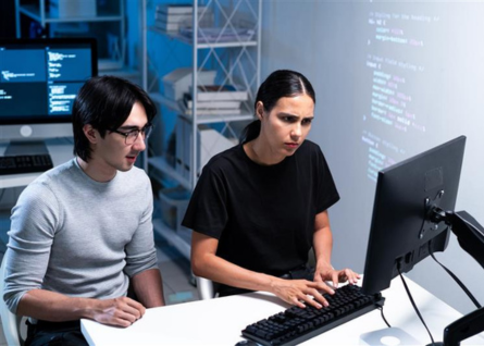 Due giovani sviluppatori di software, un uomo e una donna, guardano insieme lo stesso schermo al lavoro