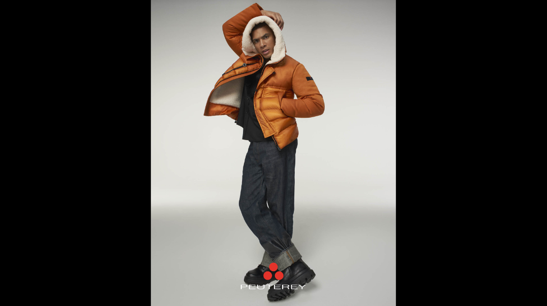 Model posing in Peuterey clothing